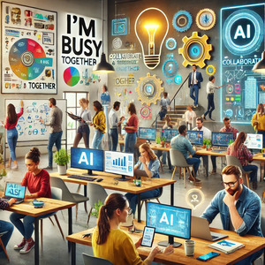 A lively and modern collaborative workspace with a diverse group of people using laptops and tablets with AI tools. One person is brainstorming ideas on a digital whiteboard, while another is in a video call. Bright motivational posters read 'I'm Busy' and 'Collaborate and Thrive Together.' The environment is active, creative, and showcases teamwork and innovation.